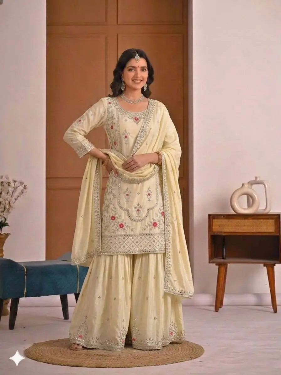 Crepe Silk Mirror Embroidery Sharara Set