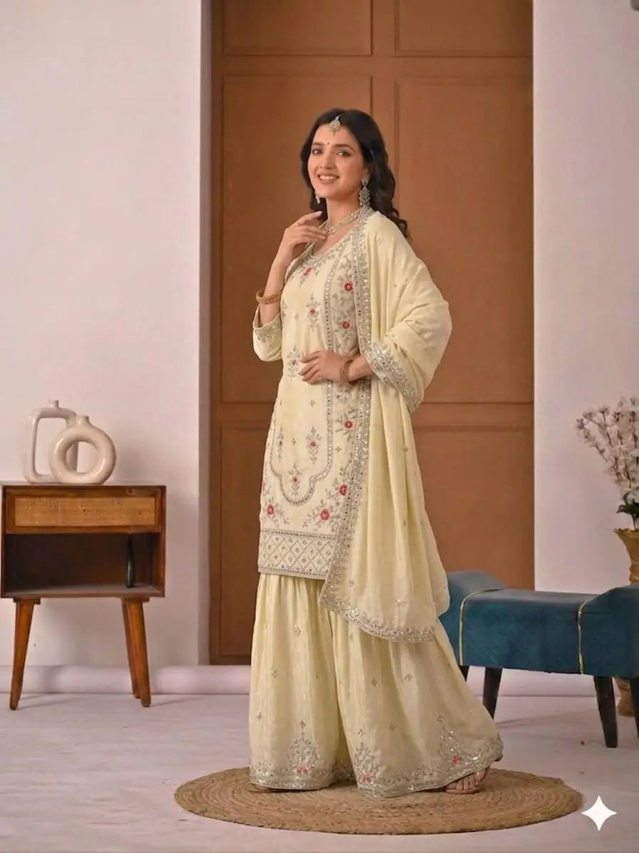 Crepe Silk Mirror Embroidery Sharara Set