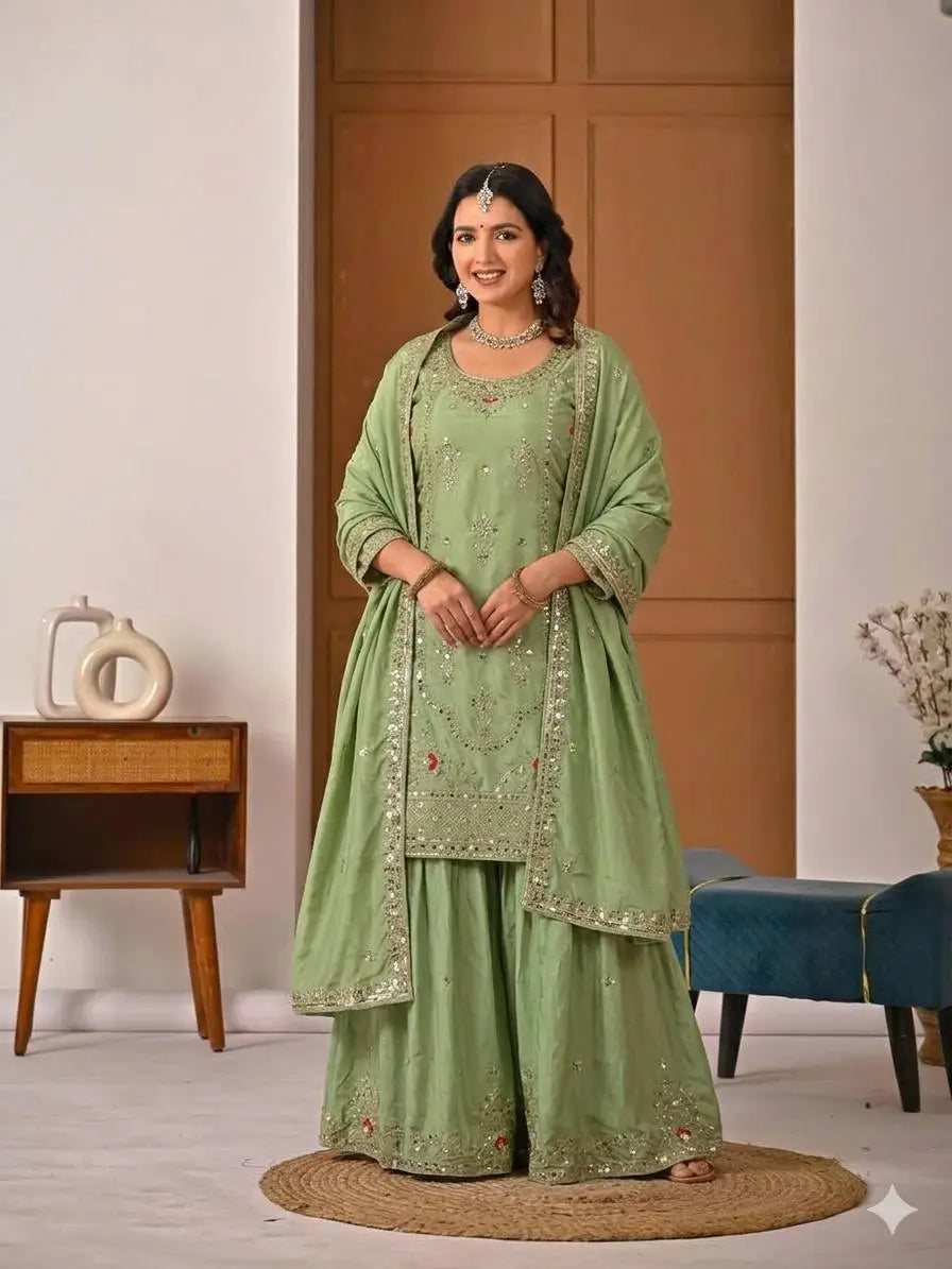 Crepe Silk Mirror Embroidery Sharara Set