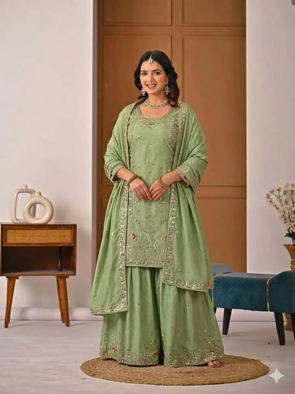 Crepe Silk Mirror Embroidery Sharara Set