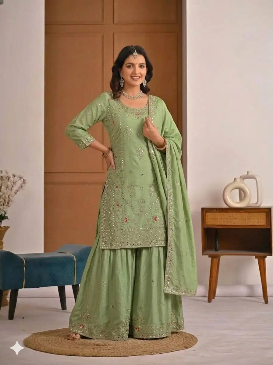Crepe Silk Mirror Embroidery Sharara Set