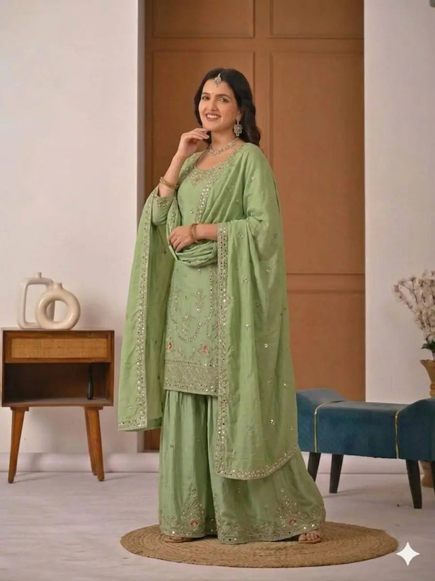 Crepe Silk Mirror Embroidery Sharara Set