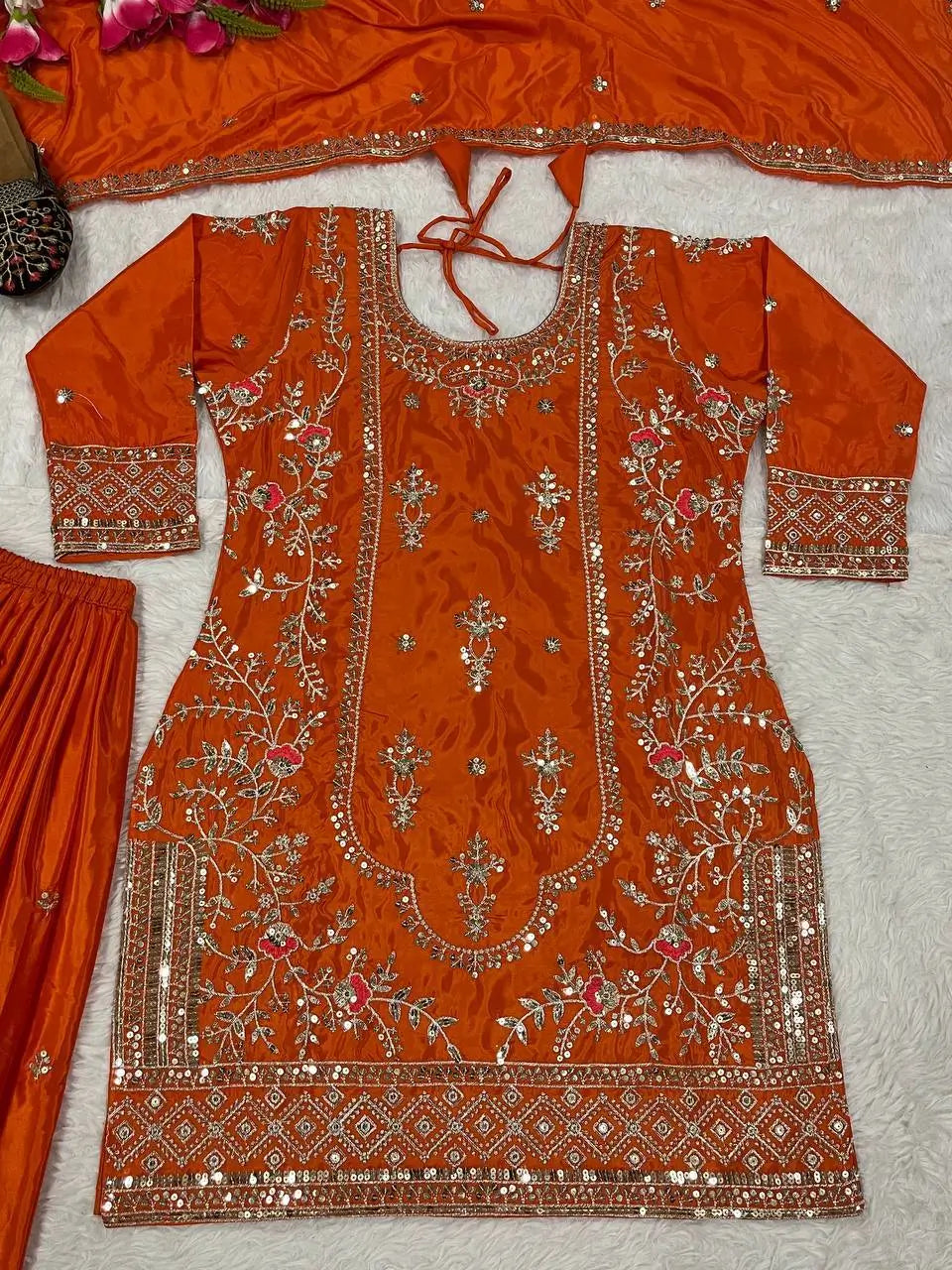 Crepe Silk Mirror Embroidery Sharara Set