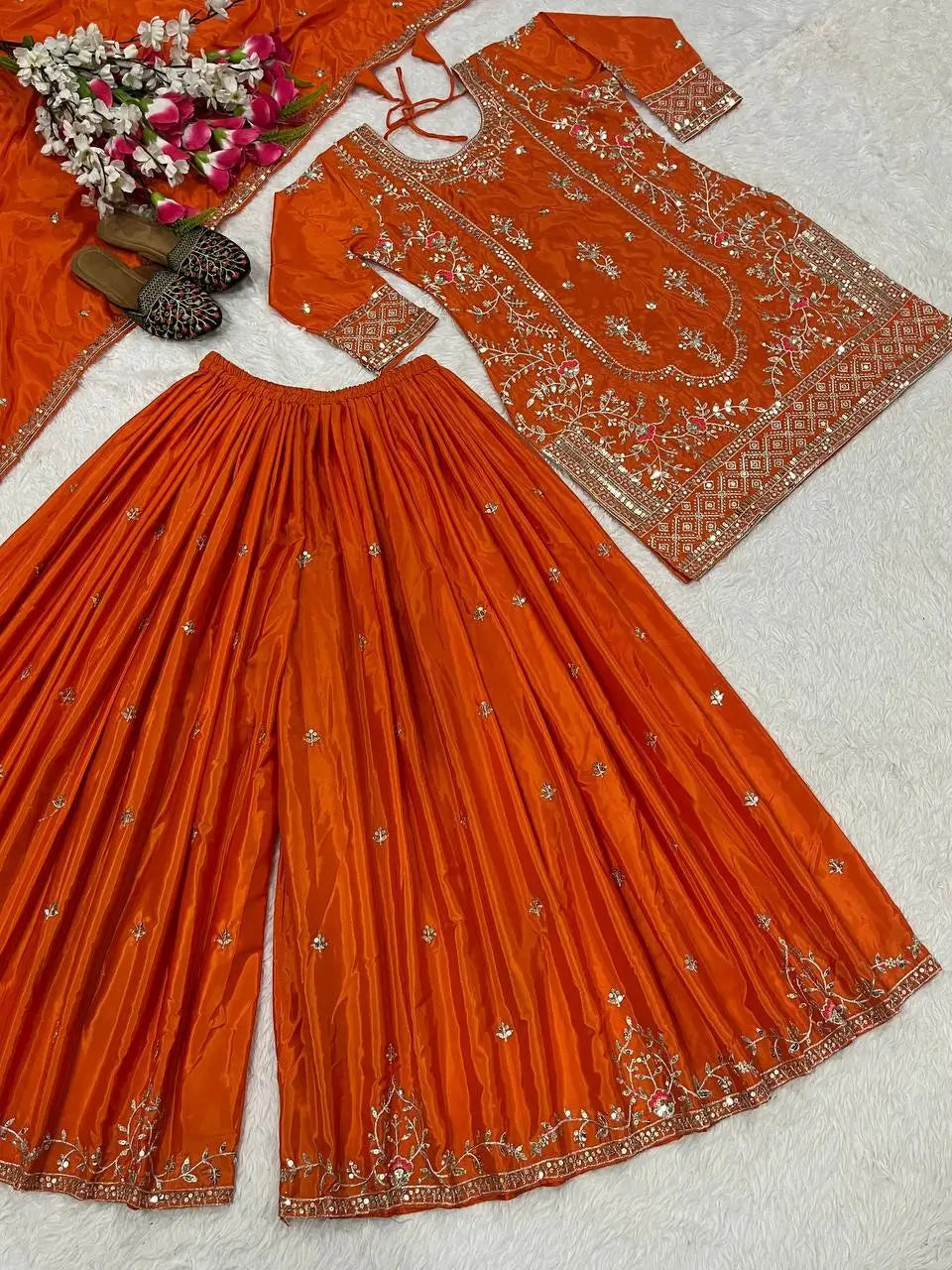 Crepe Silk Mirror Embroidery Sharara Set