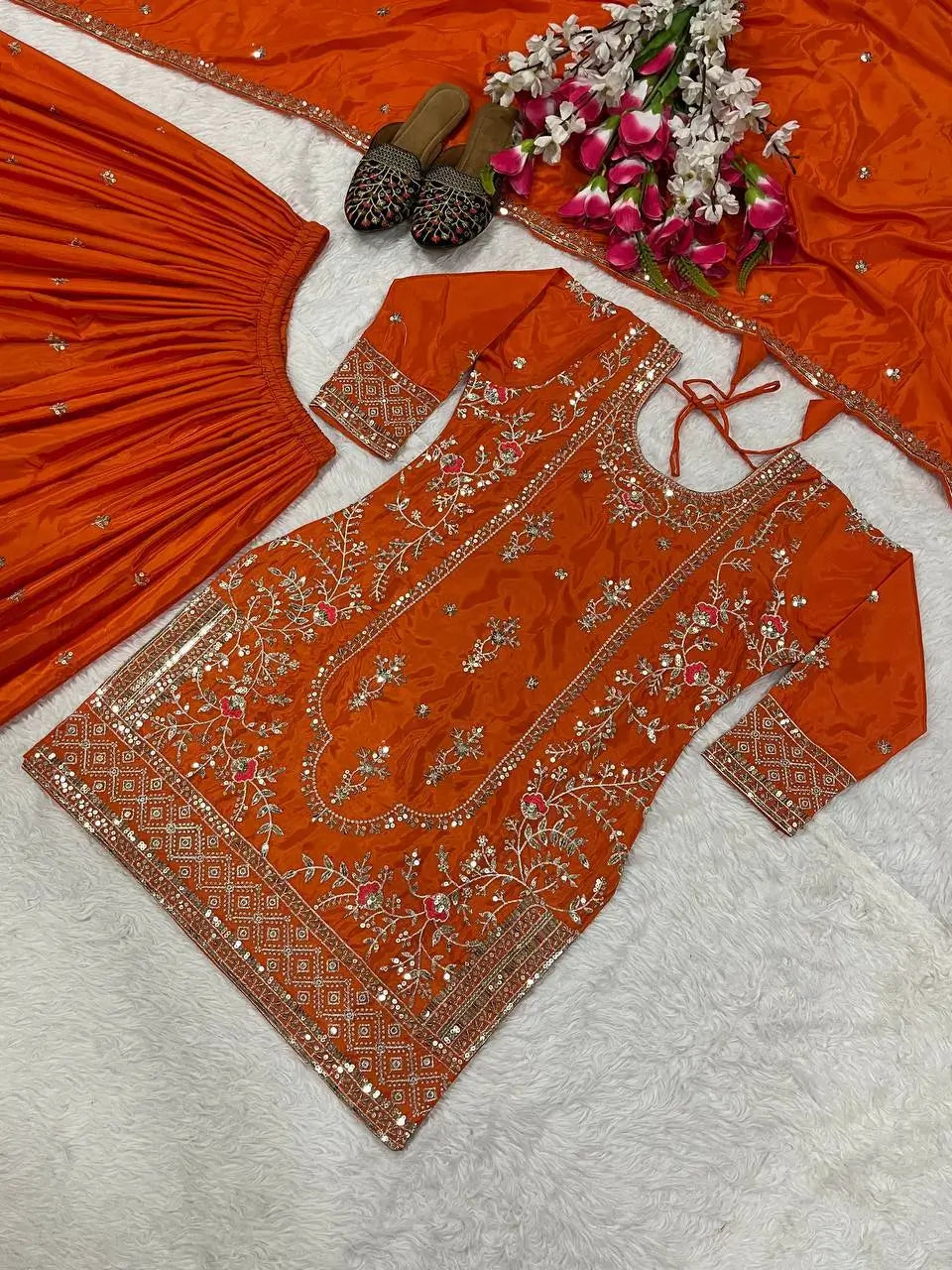 Crepe Silk Mirror Embroidery Sharara Set