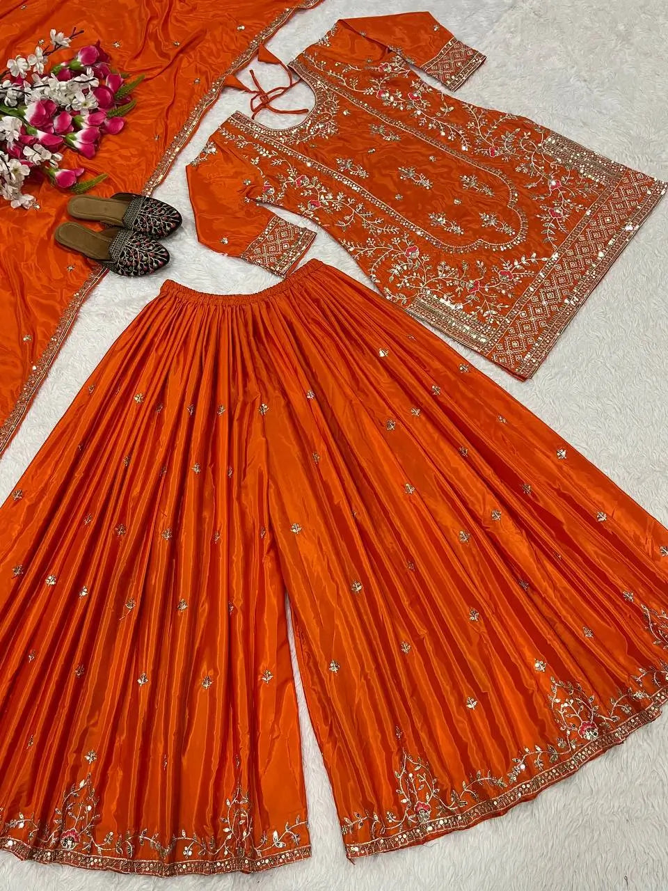 Crepe Silk Mirror Embroidery Sharara Set