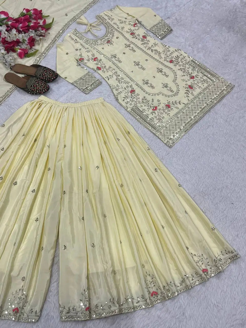 Crepe Silk Mirror Embroidery Sharara Set