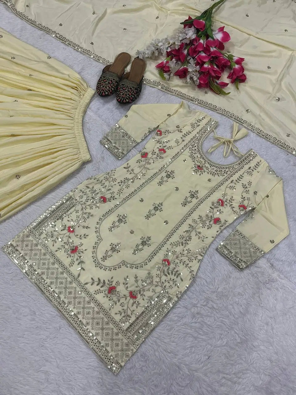 Crepe Silk Mirror Embroidery Sharara Set