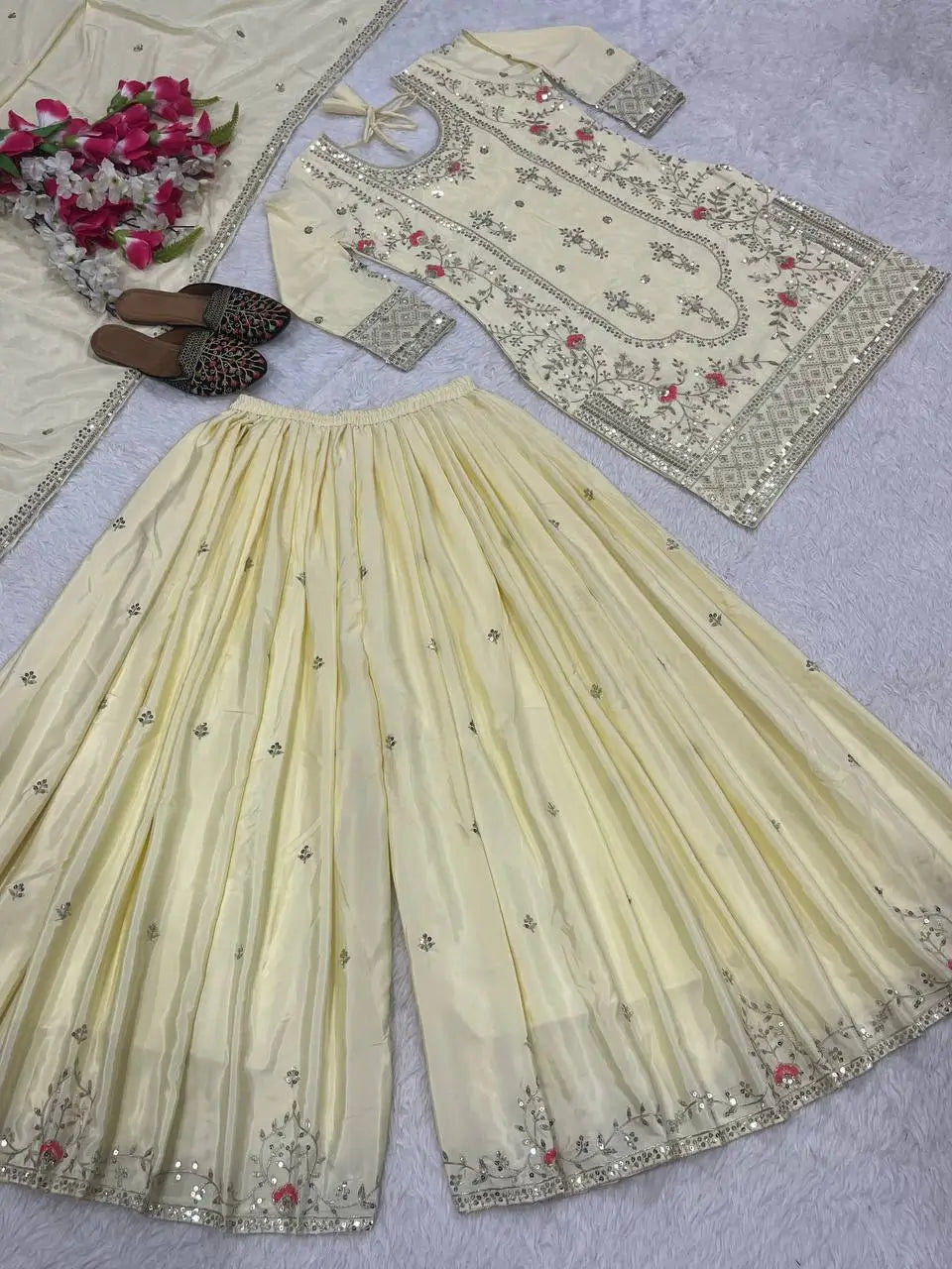 Crepe Silk Mirror Embroidery Sharara Set