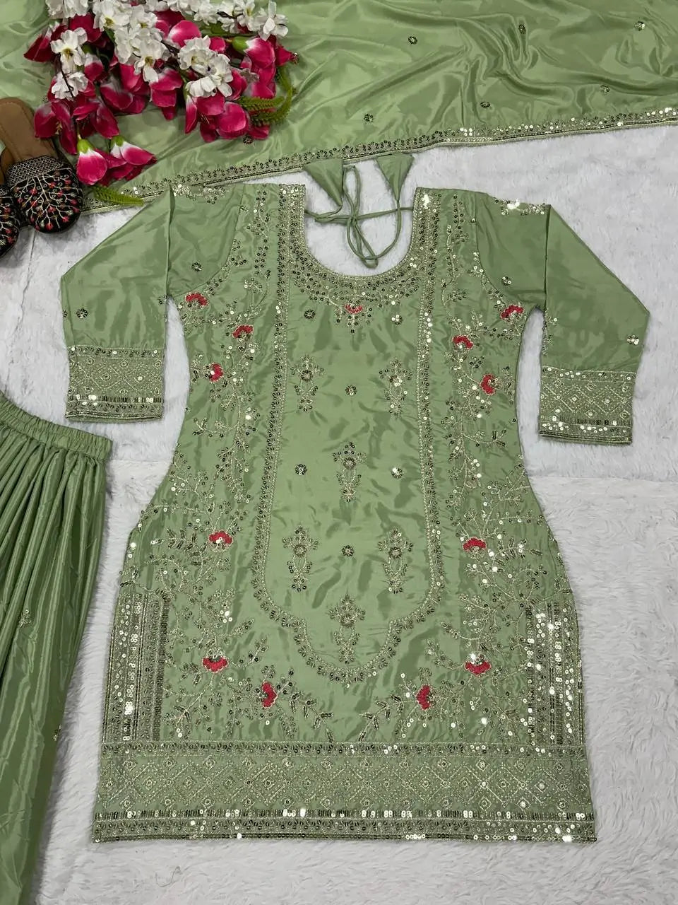 Crepe Silk Mirror Embroidery Sharara Set