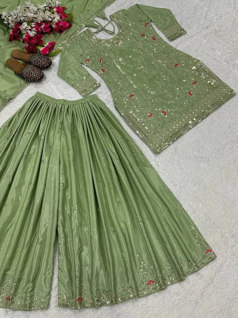 Crepe Silk Mirror Embroidery Sharara Set