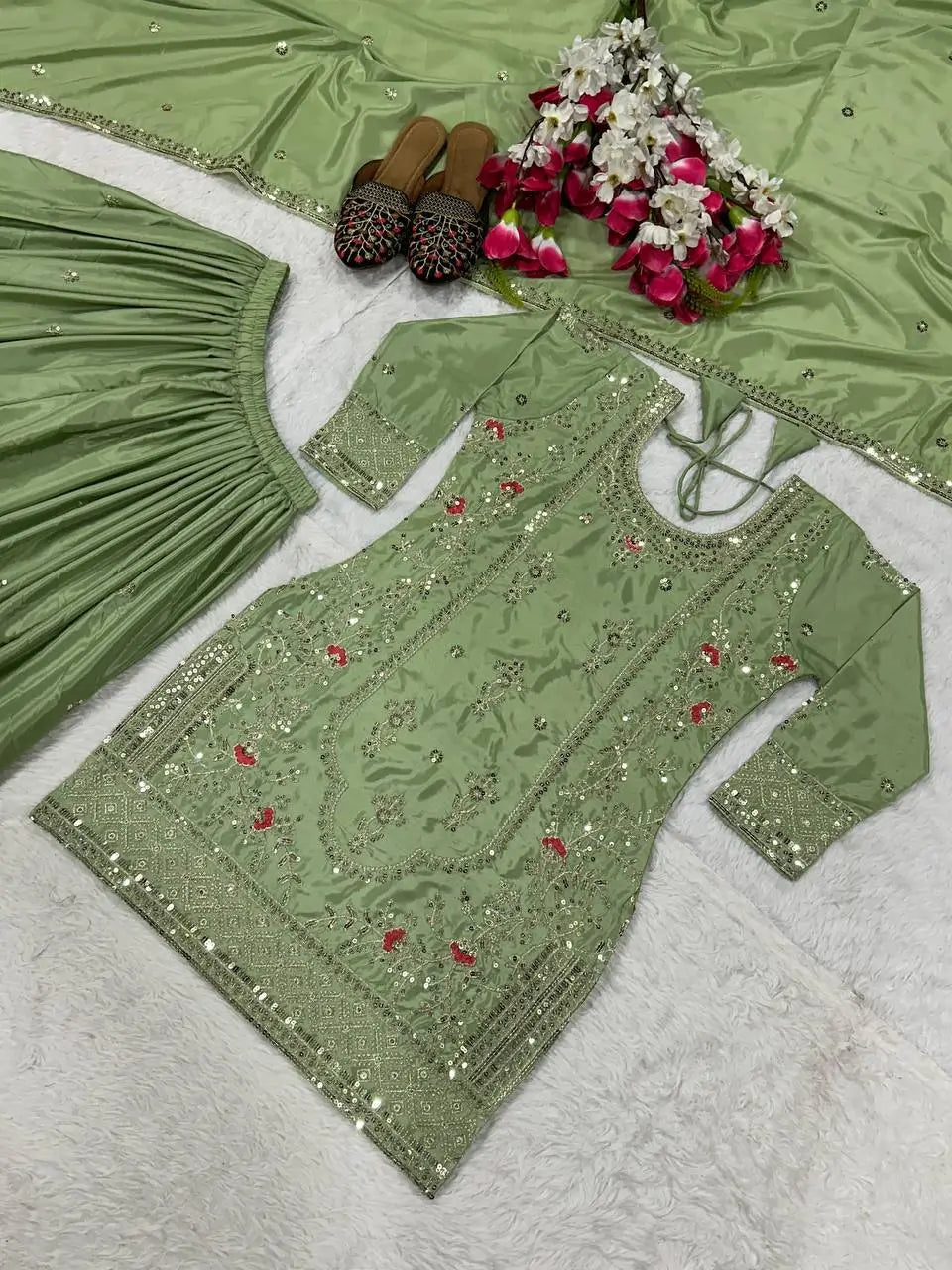 Crepe Silk Mirror Embroidery Sharara Set