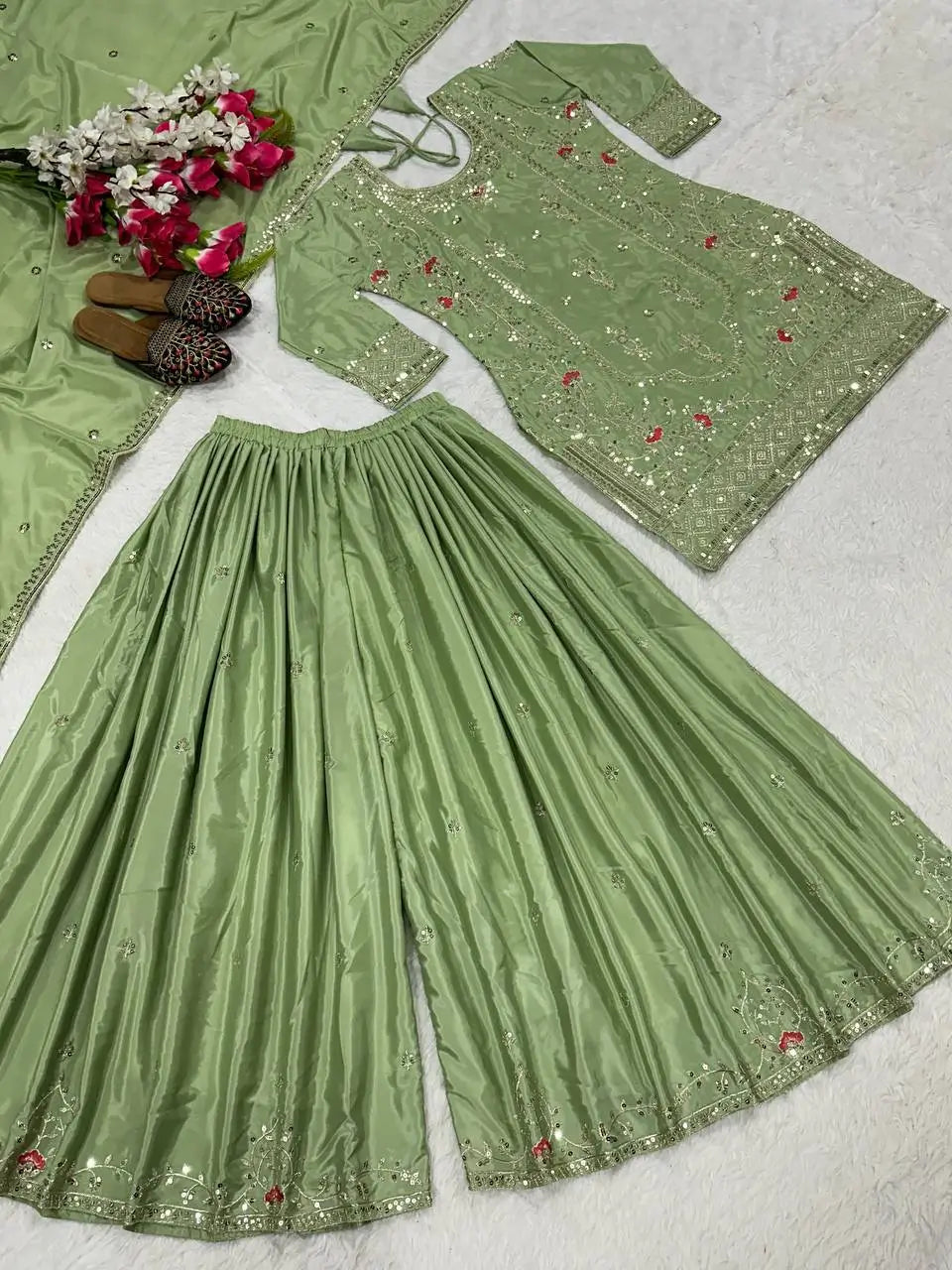 Crepe Silk Mirror Embroidery Sharara Set
