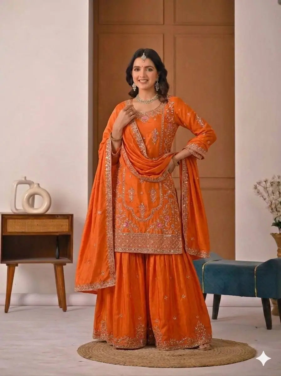 Crepe Silk Mirror Embroidery Sharara Set