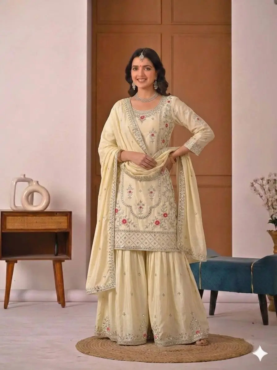 Crepe Silk Mirror Embroidery Sharara Set