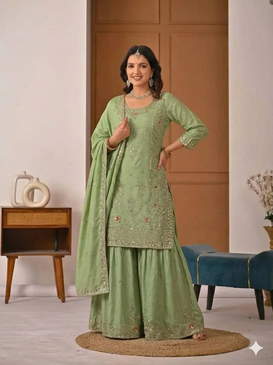 Crepe Silk Mirror Embroidery Sharara Set
