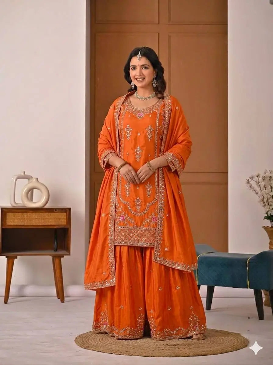 Crepe Silk Mirror Embroidery Sharara Set