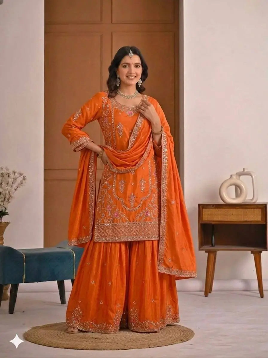 Crepe Silk Mirror Embroidery Sharara Set