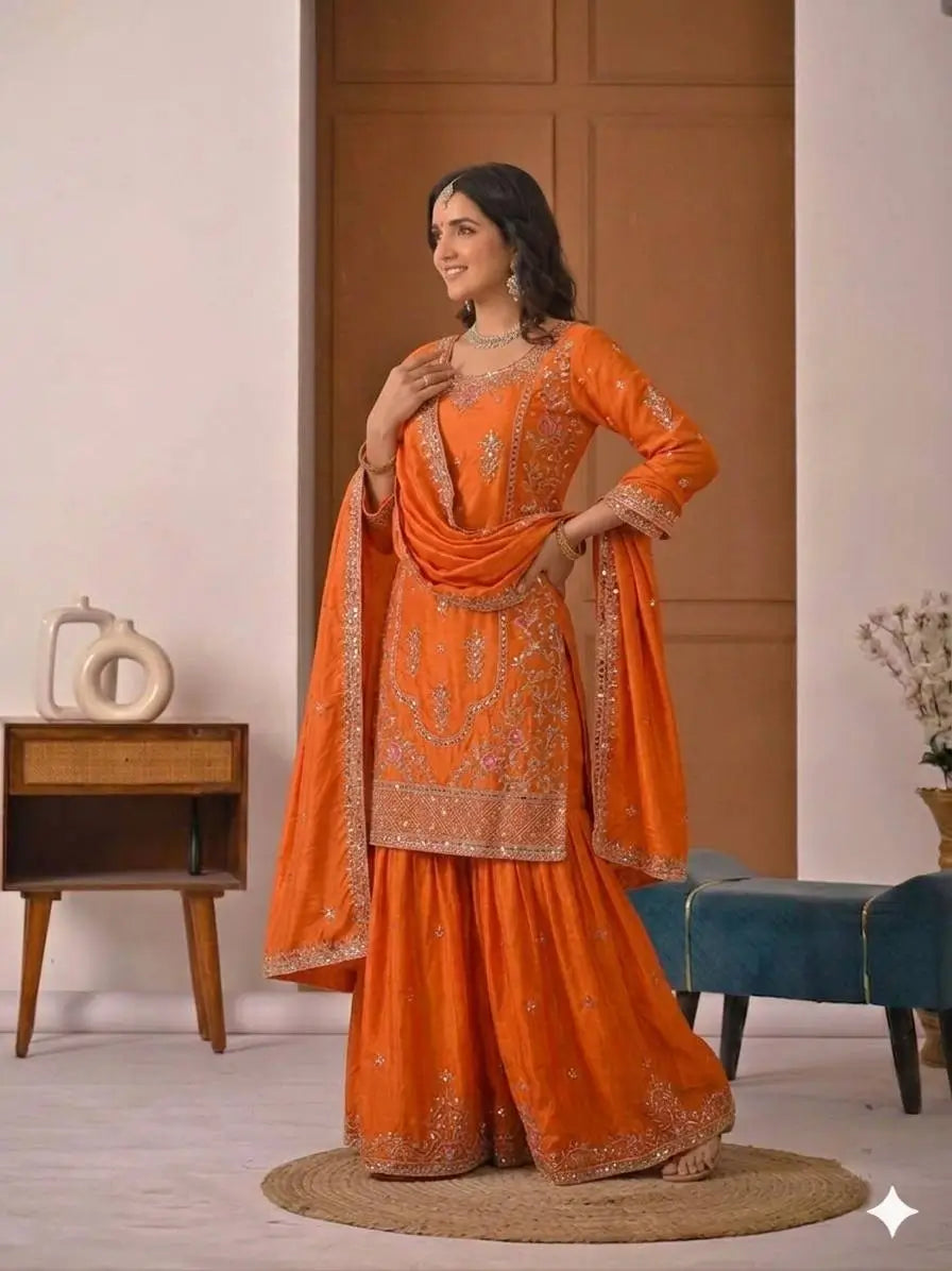 Crepe Silk Mirror Embroidery Sharara Set