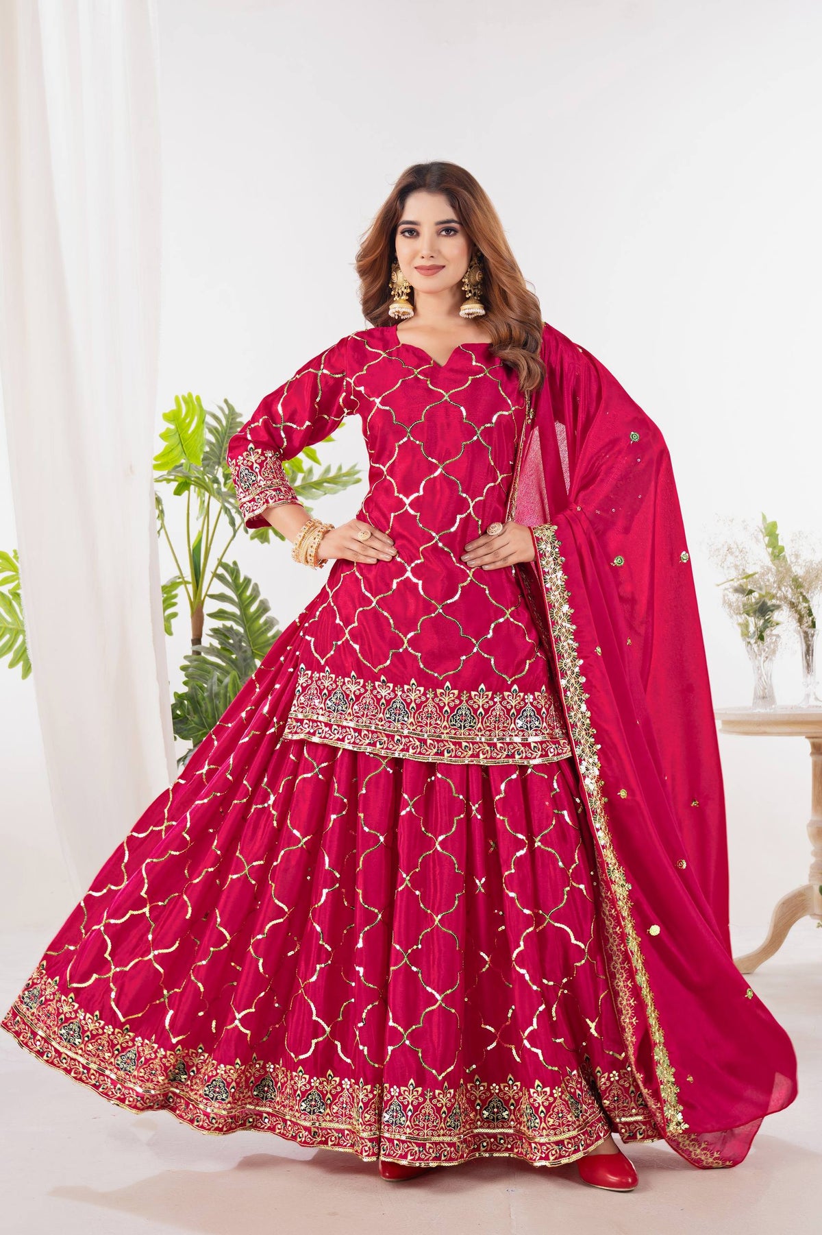Crepe Silk Mirror Embroidery Sharara Set