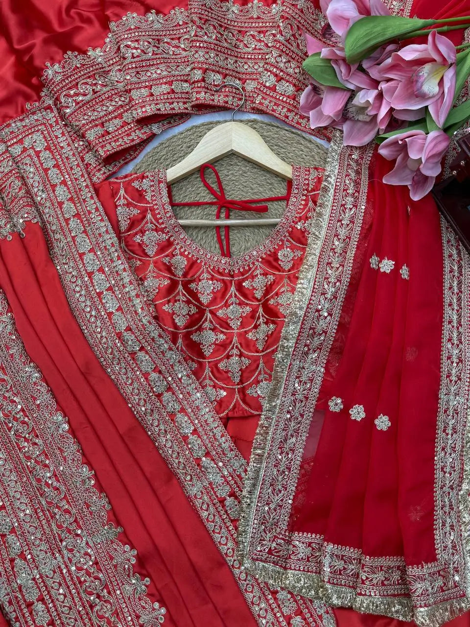 Crimson Bridal Sequin Saree With Dupatta
