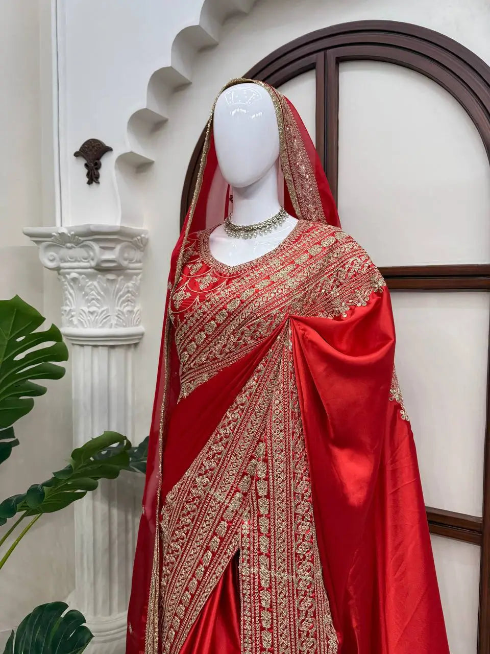 Crimson Bridal Sequin Saree With Dupatta