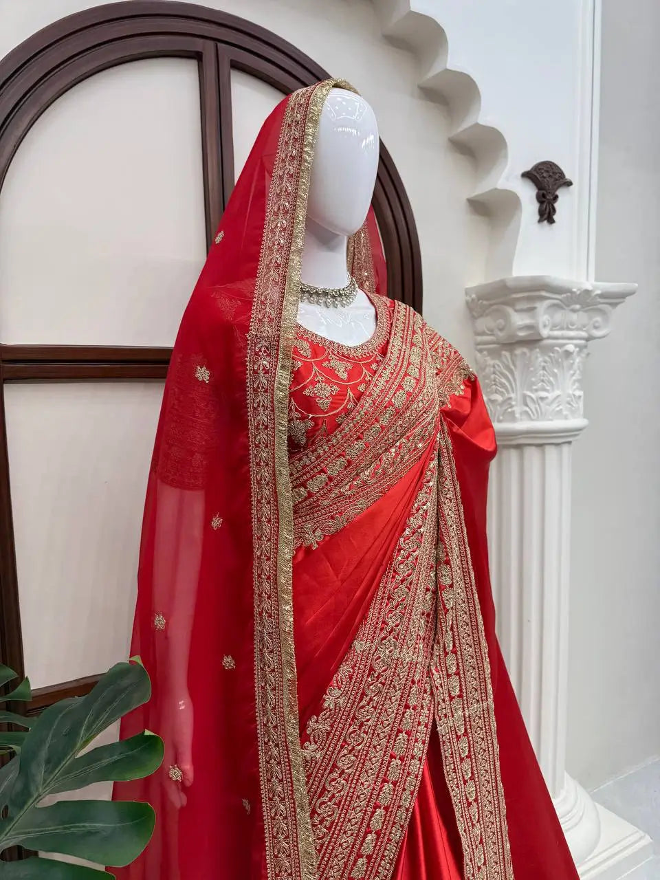 Crimson Bridal Sequin Saree With Dupatta