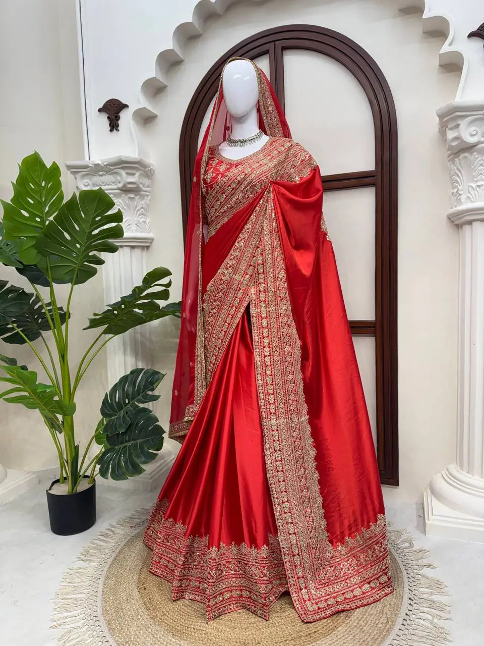Crimson Bridal Sequin Saree With Dupatta