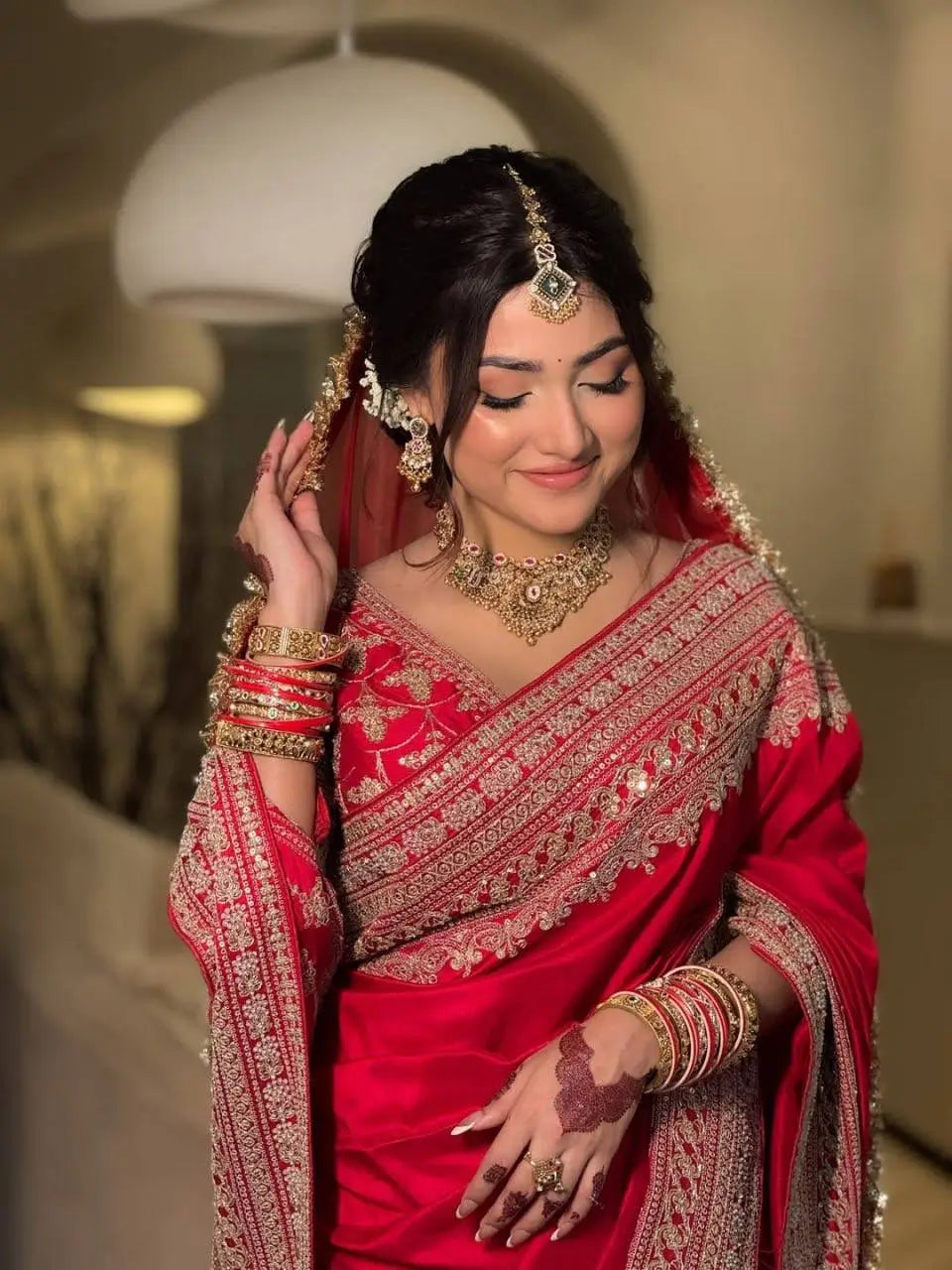 Crimson Bridal Sequin Saree With Dupatta