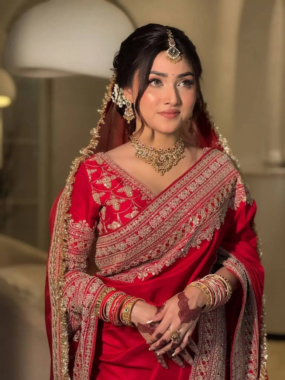 Crimson Bridal Sequin Saree With Dupatta