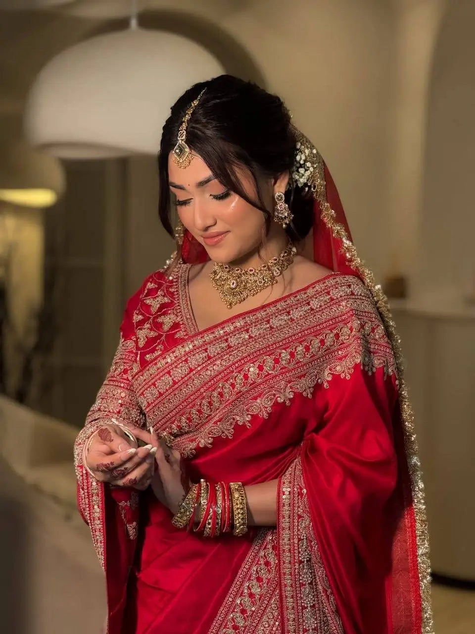 Crimson Bridal Sequin Saree With Dupatta
