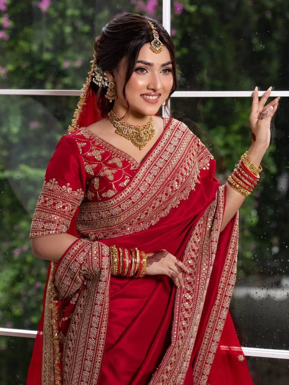 Crimson Bridal Sequin Saree With Dupatta