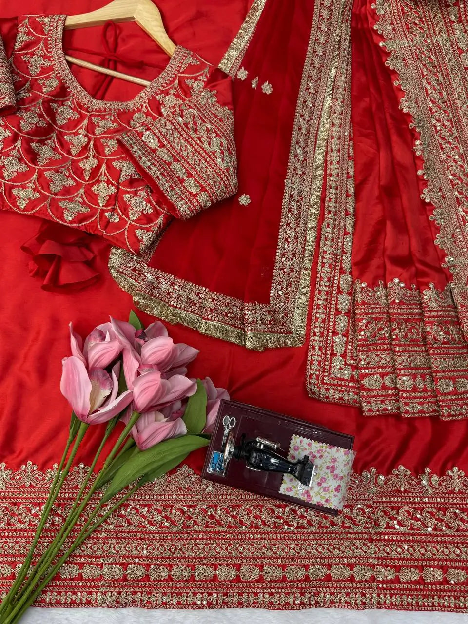 Crimson Bridal Sequin Saree With Dupatta