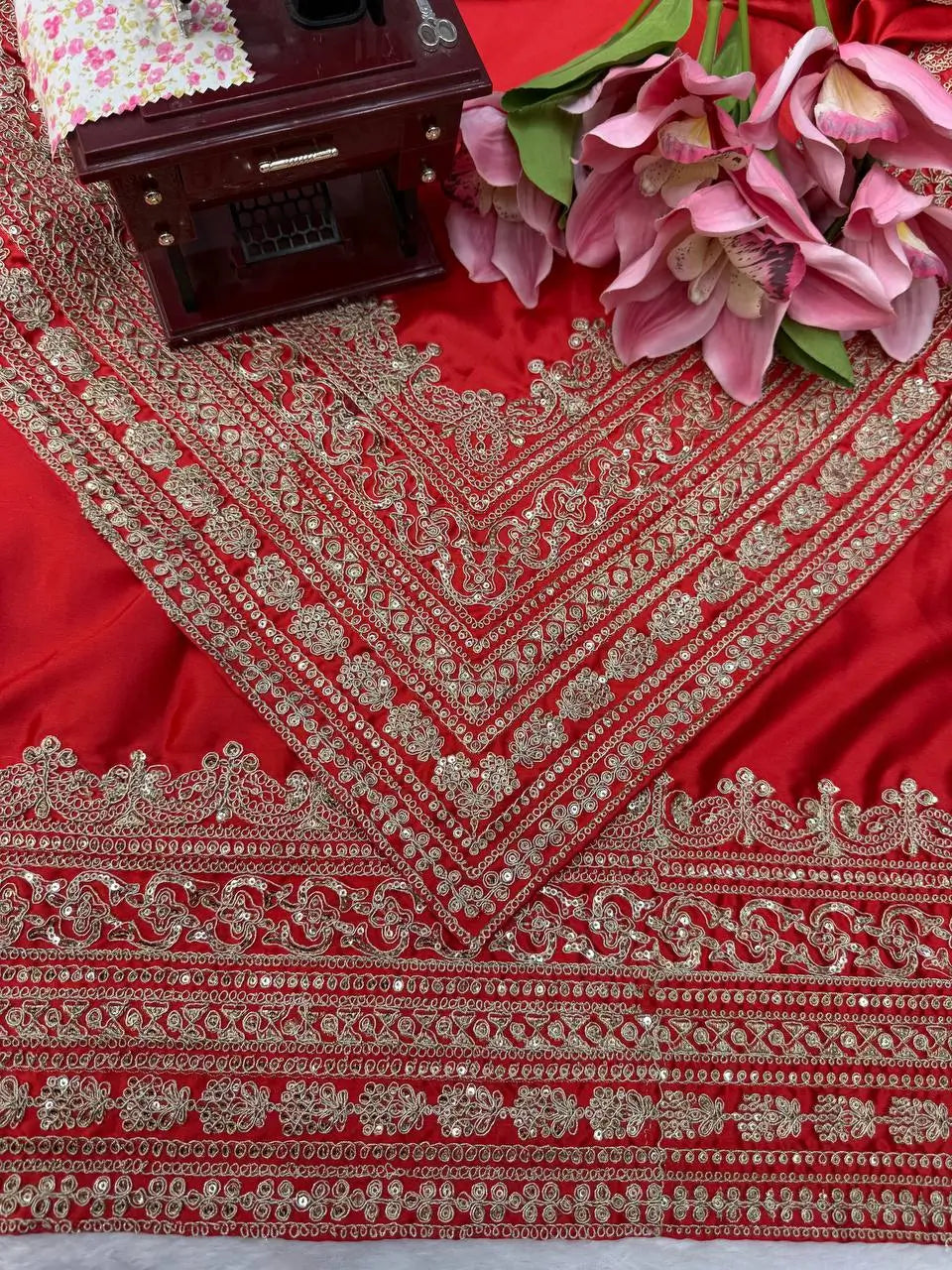 Crimson Bridal Sequin Saree With Dupatta