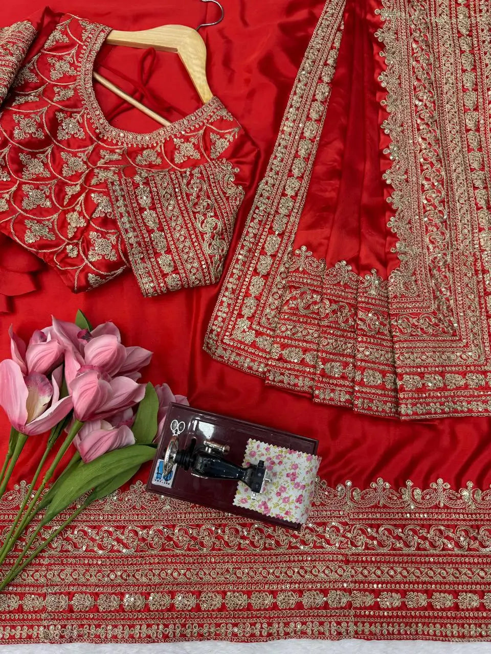 Crimson Bridal Sequin Saree With Dupatta