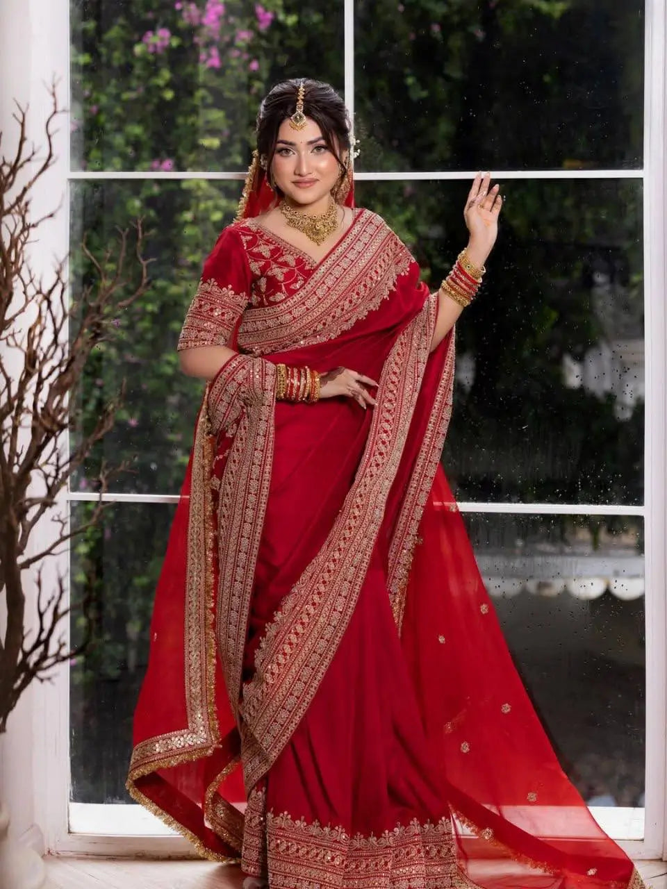 Crimson Bridal Sequin Saree With Dupatta