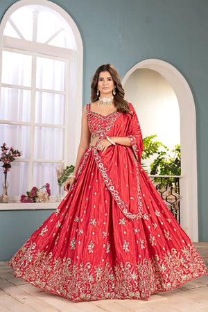 Crimson Chinon Sequin Coding Lehenga Set