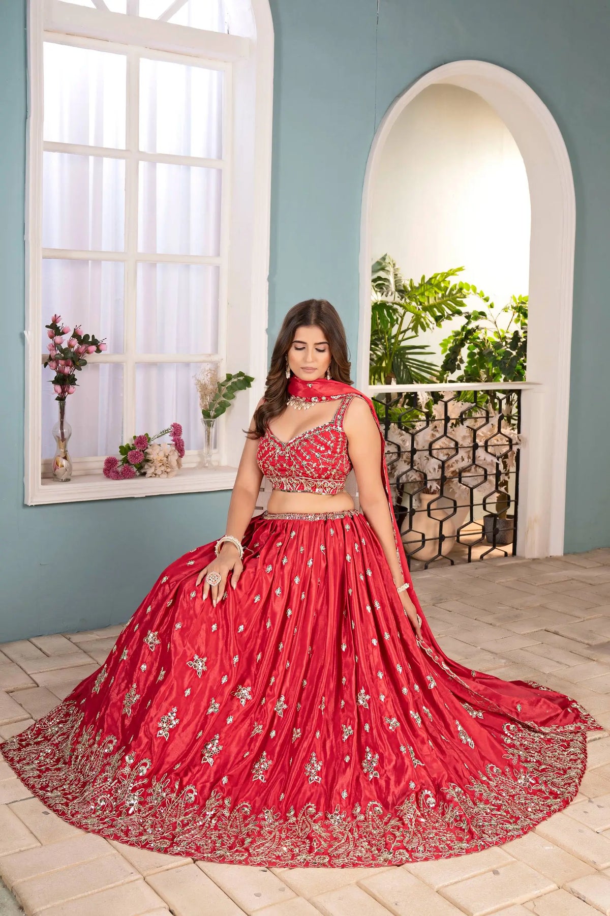 Crimson Chinon Sequin Coding Lehenga Set