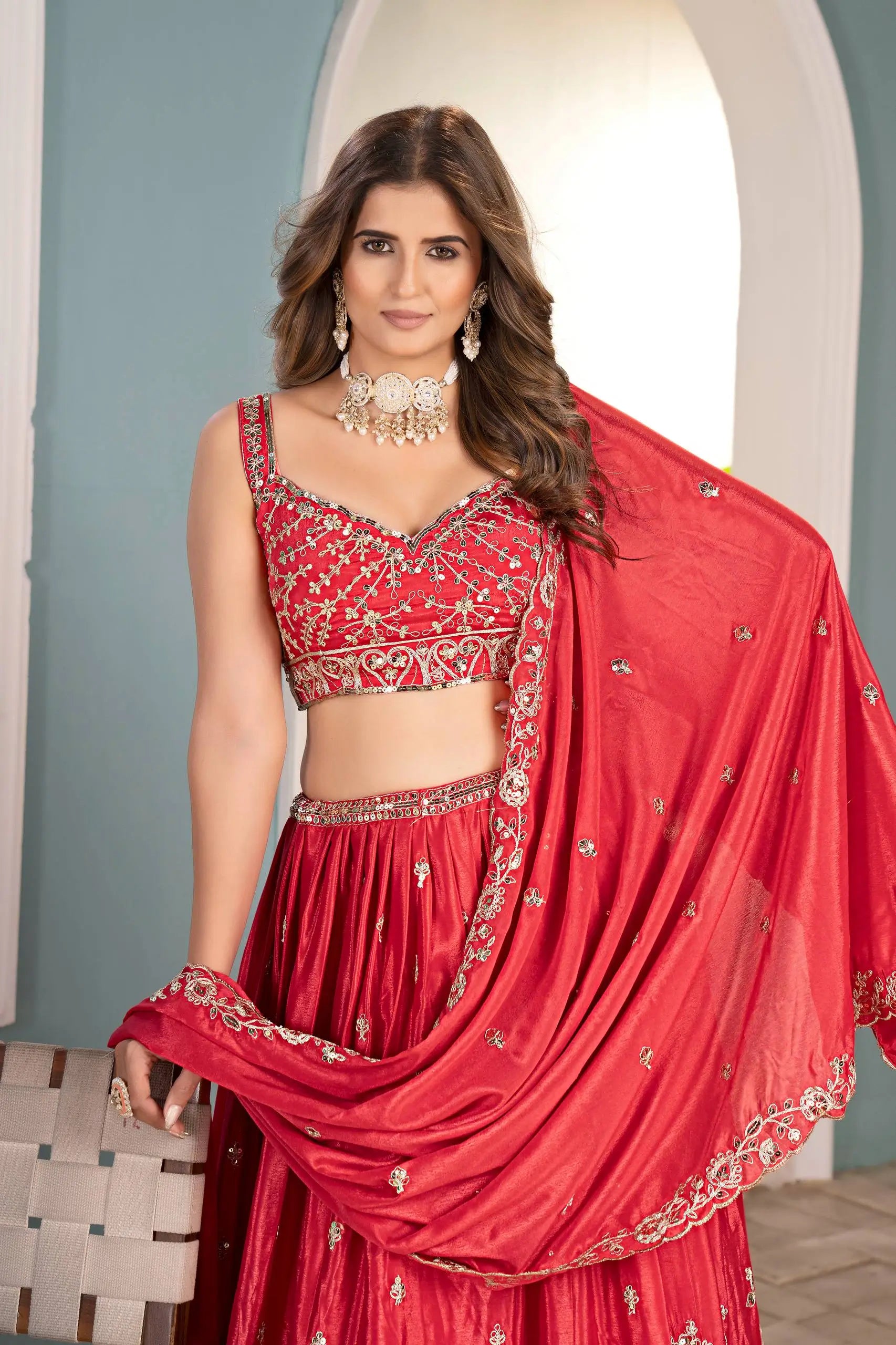 Crimson Chinon Sequin Coding Lehenga Set