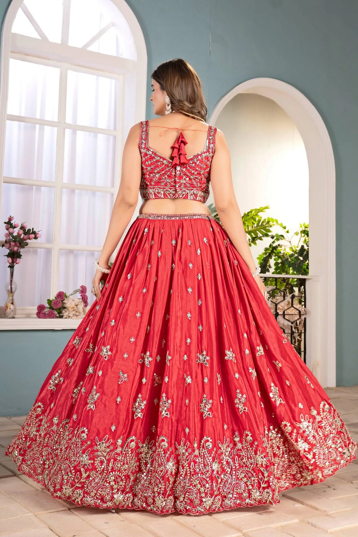 Crimson Chinon Sequin Coding Lehenga Set