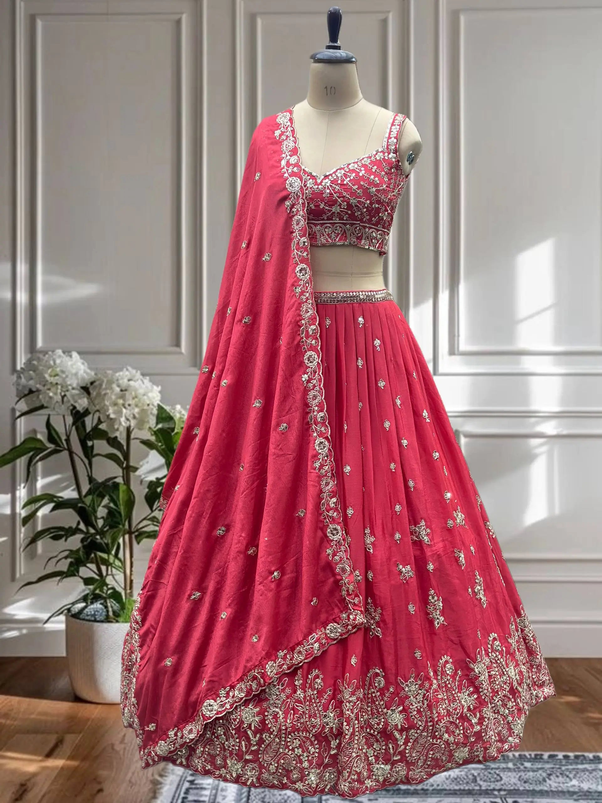 Crimson Chinon Sequin Coding Lehenga Set
