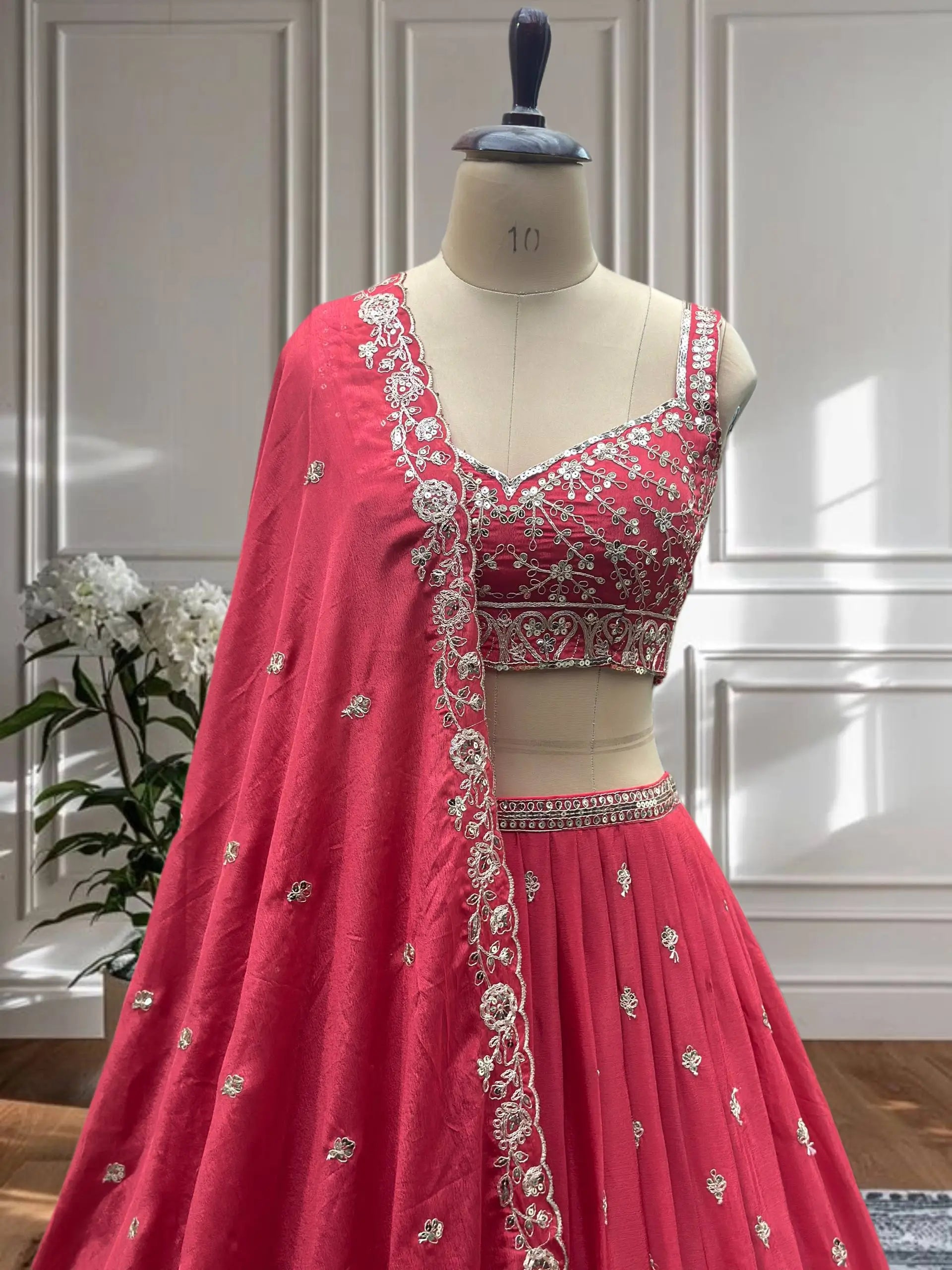 Crimson Chinon Sequin Coding Lehenga Set