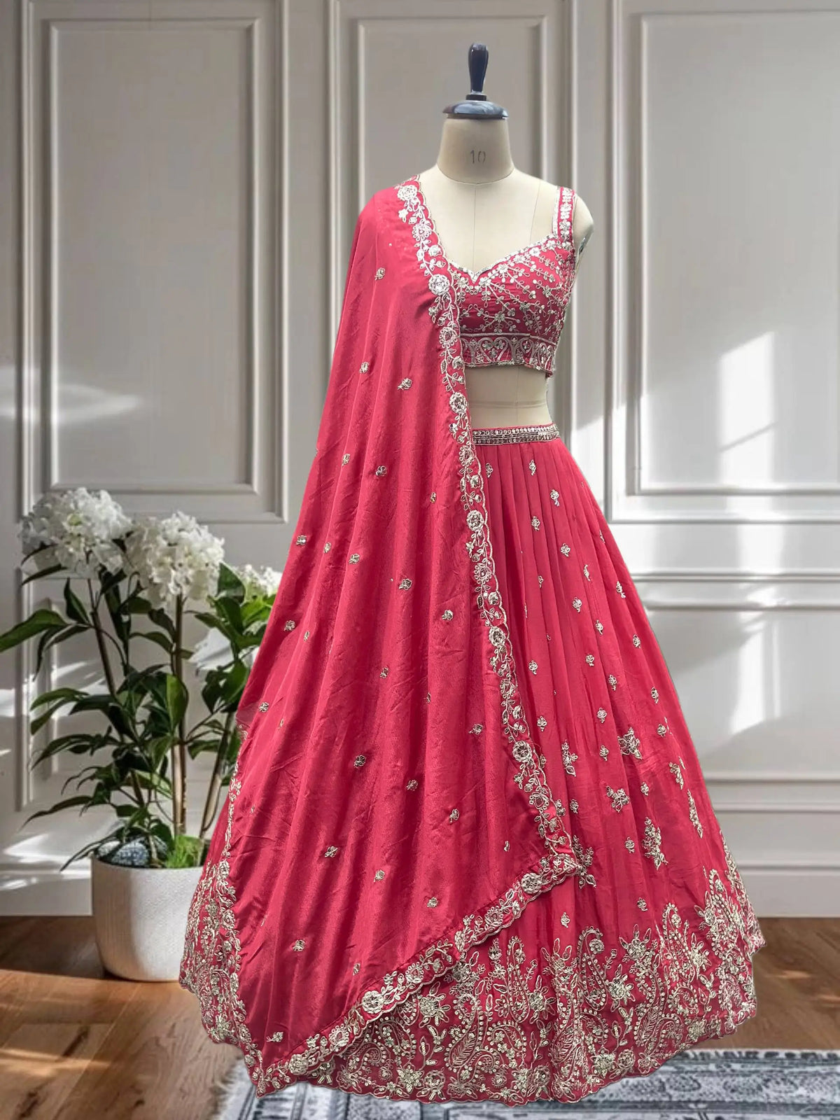 Crimson Chinon Sequin Coding Lehenga Set