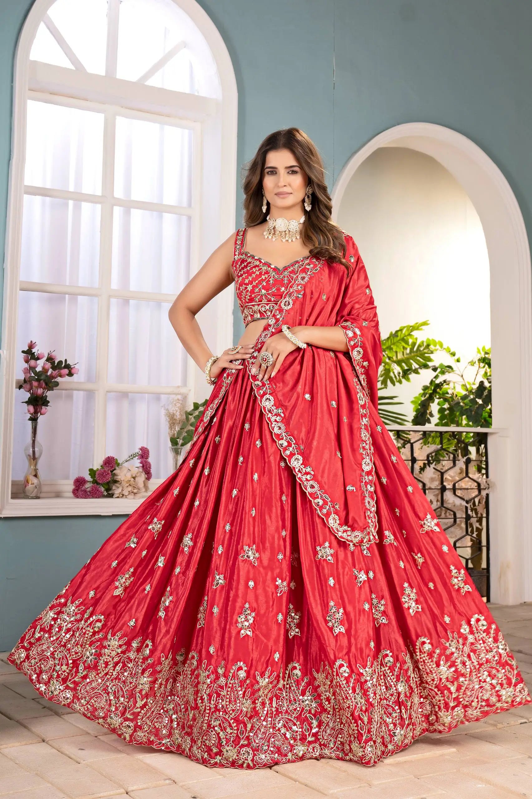 Crimson Chinon Sequin Coding Lehenga Set