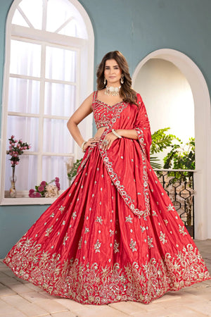 Crimson Chinon Sequin Coding Lehenga Set
