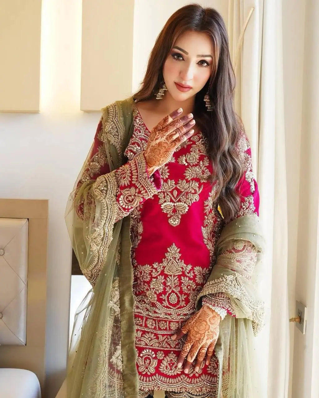 Crimson Elegance Faux Georgette Embroidered Plazzo Set