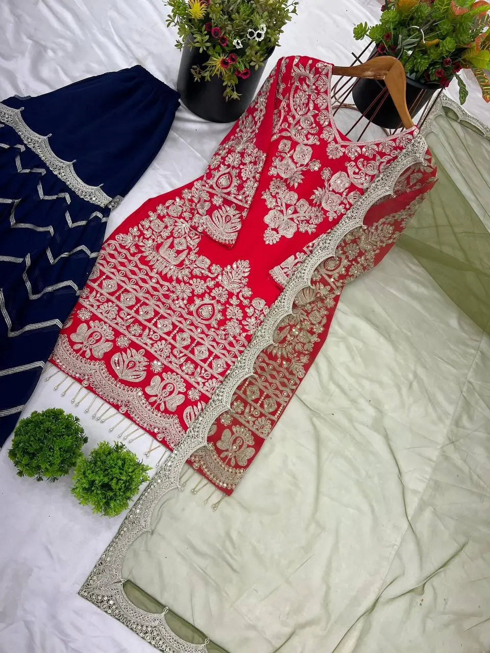 Crimson Elegance Faux Georgette Embroidered Plazzo Set