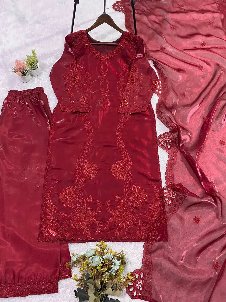 Crimson Embroidery Kurta Set with Dupatta