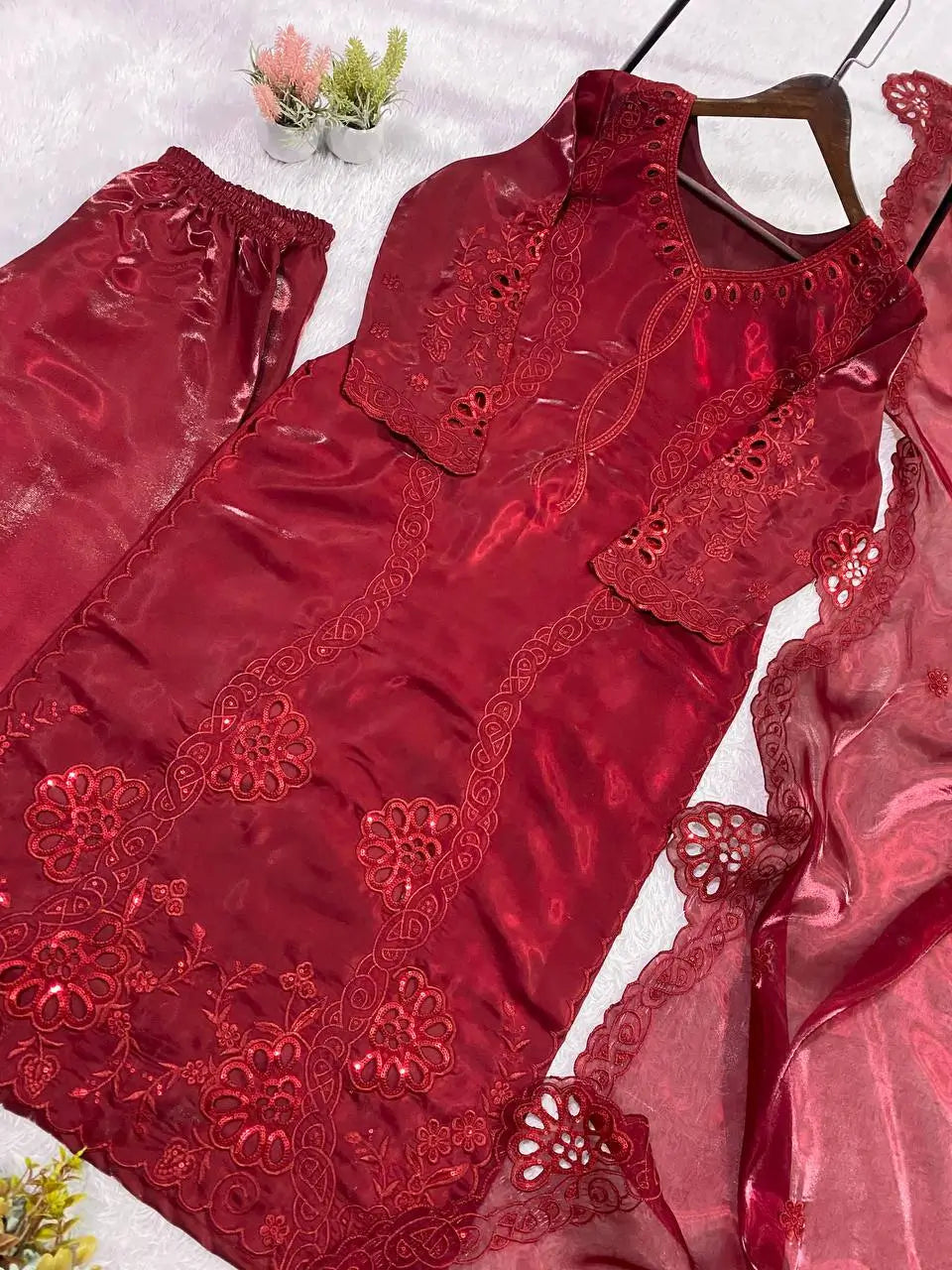 Crimson Embroidery Kurta Set with Dupatta