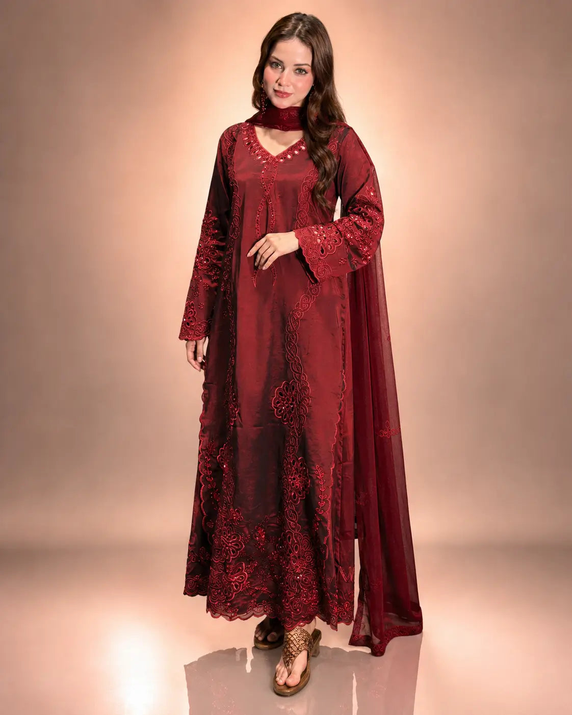 Crimson Embroidery Kurta Set with Dupatta